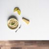 Aspen Shimmer Quartz worktop flat lay with food items on a wooden surface