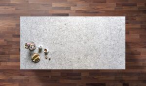 Overhead view of Berwyn Drift Quartz worktop showing grey marbled patterning across a large surface