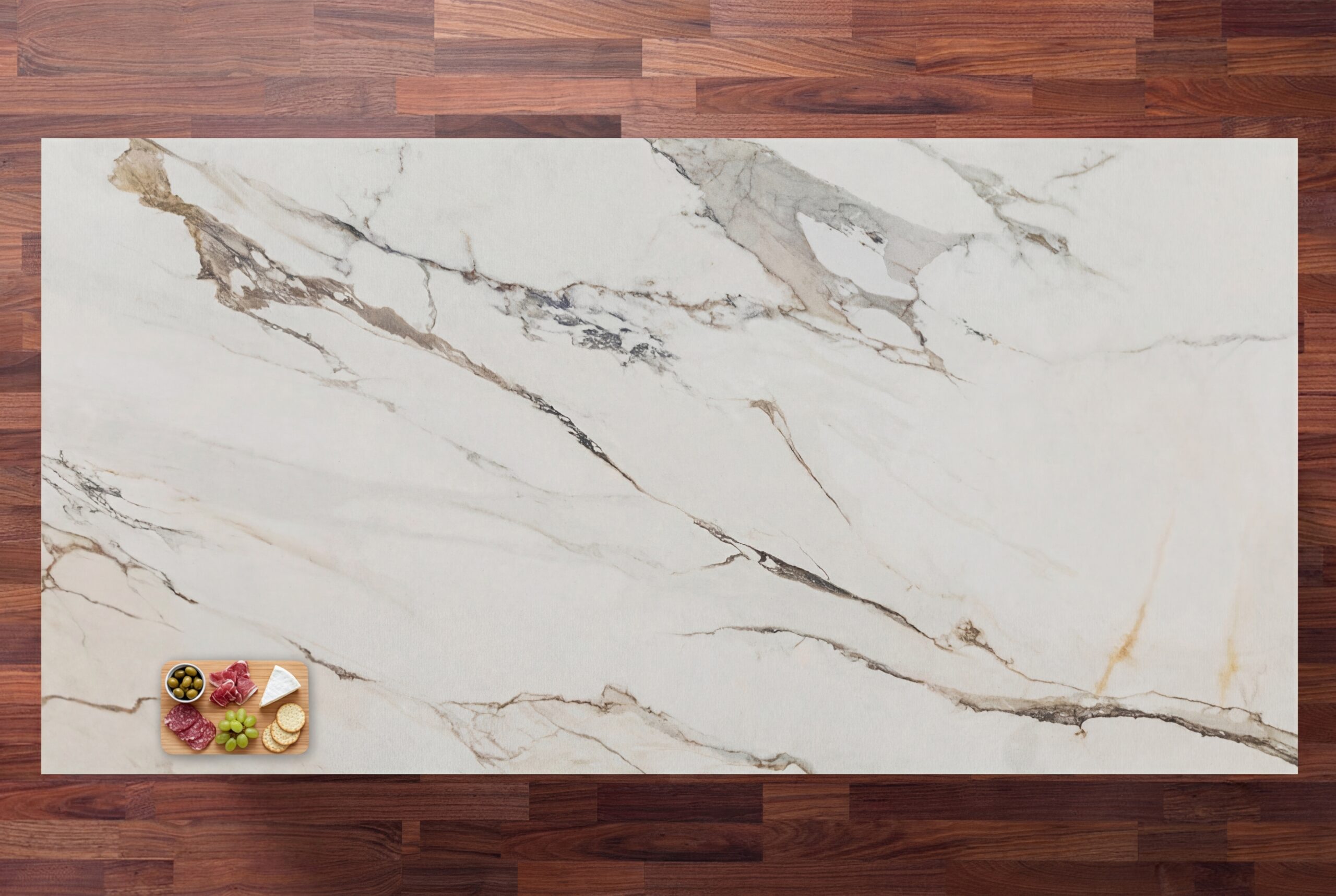 Macchia Antica Porcelain worktop slab with bold gold and grey veining photographed from above
