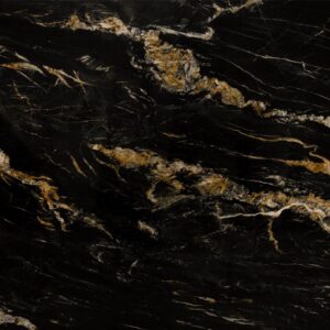 Close up slab photo of African Fusion Granite showing dramatic gold veining and layered movement across a deep black stone background.
