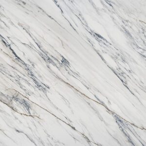 Trance Porcelain surface close up in white with layered grey veining and subtle beige tones