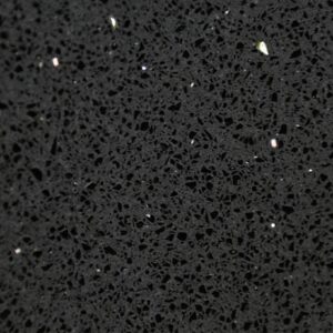 Close-up of Black Starlight Quartz slab showing fine speckled texture and reflective flecks in a black finish