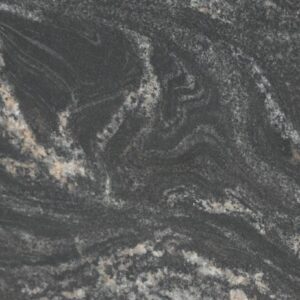 Close up slab photo of Black Storm Granite showing dramatic swirling veining and natural movement in dark tones.