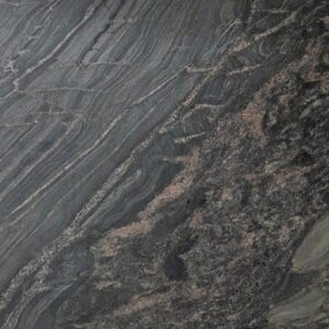 Close up slab photo of Black Storm leather Granite showing sweeping veining, layered movement and a textured finish through the dark surface.