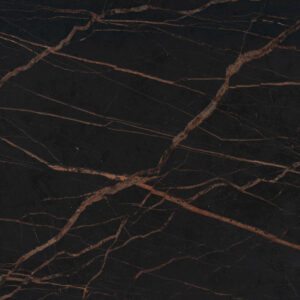 Laurent Porcelain surface detail showing dark porcelain with warm gold veining running diagonally across the worktop.