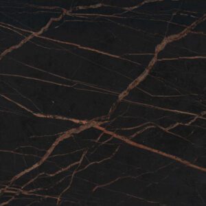 Laurent Porcelain surface detail showing dark porcelain with warm gold veining running diagonally across the worktop.
