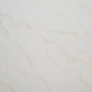 Close-up of Gold Statuario Quartz slab showing fine gold veining on a bright white polished surface
