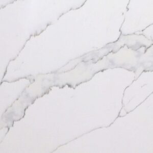 White Calacatta Quartz surface showing bold grey veining on a bright white background